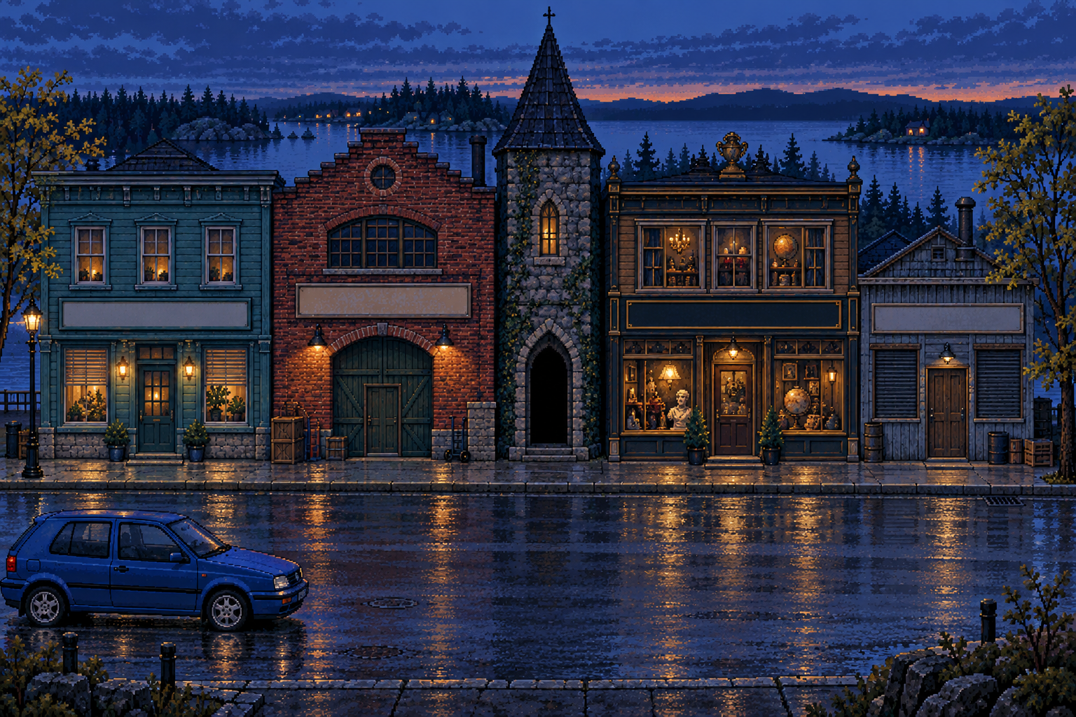A little street at dusk: warm shop windows, a mysterious dark doorway, and a blue 1993 Golf parked by the pavement.